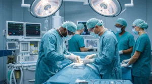 A imagem mostra um grupo de médicos, usando roupas cirúrgicas, em um ambiente hospitalar, realizando uma operação. Ilustra o texto sobre nova lei da aposentadoria especial 2026.