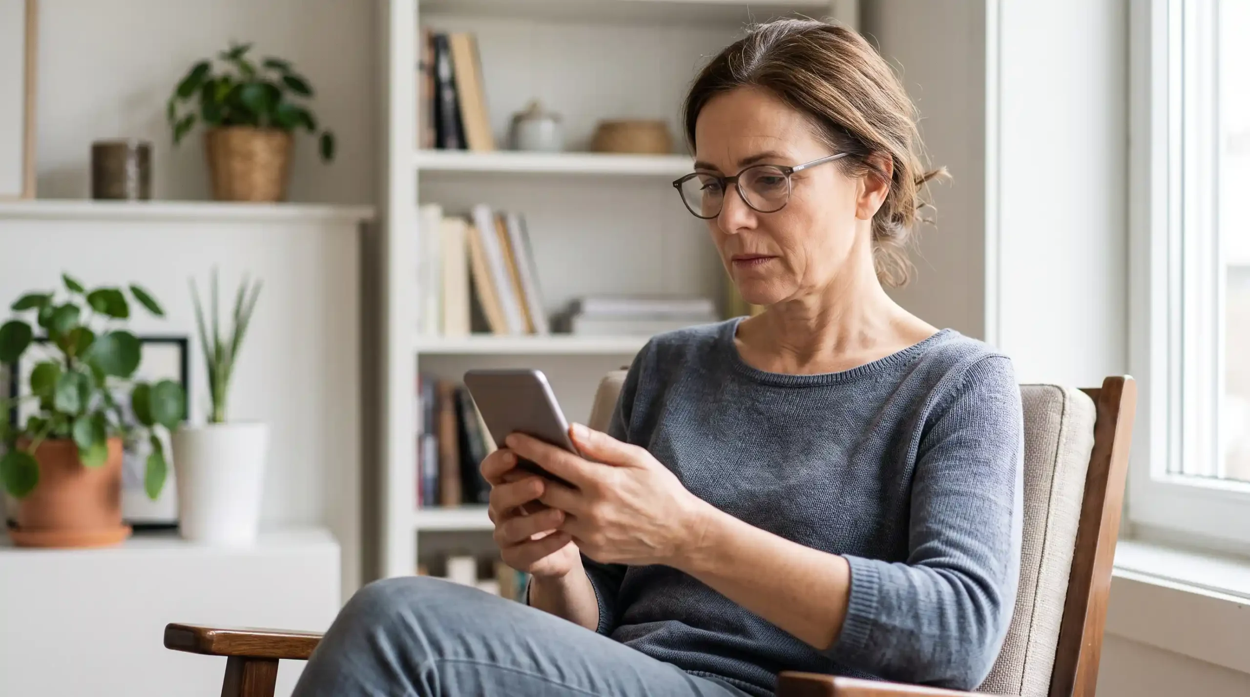 A imagem mostra uma mulher de meia-idade, segurando um celular com ambas as mãos, enquanto olha para tela. Ela está dentro de casa, sentada em uma cadeira.