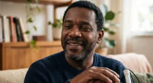 A imagem mostra um homem de meia-idade, cego, em sua casa, sorrindo, enquanto está sentado em seu sofá, segurando sua bengala. Ilustra o texto sobre resultado de perícia no INSS.