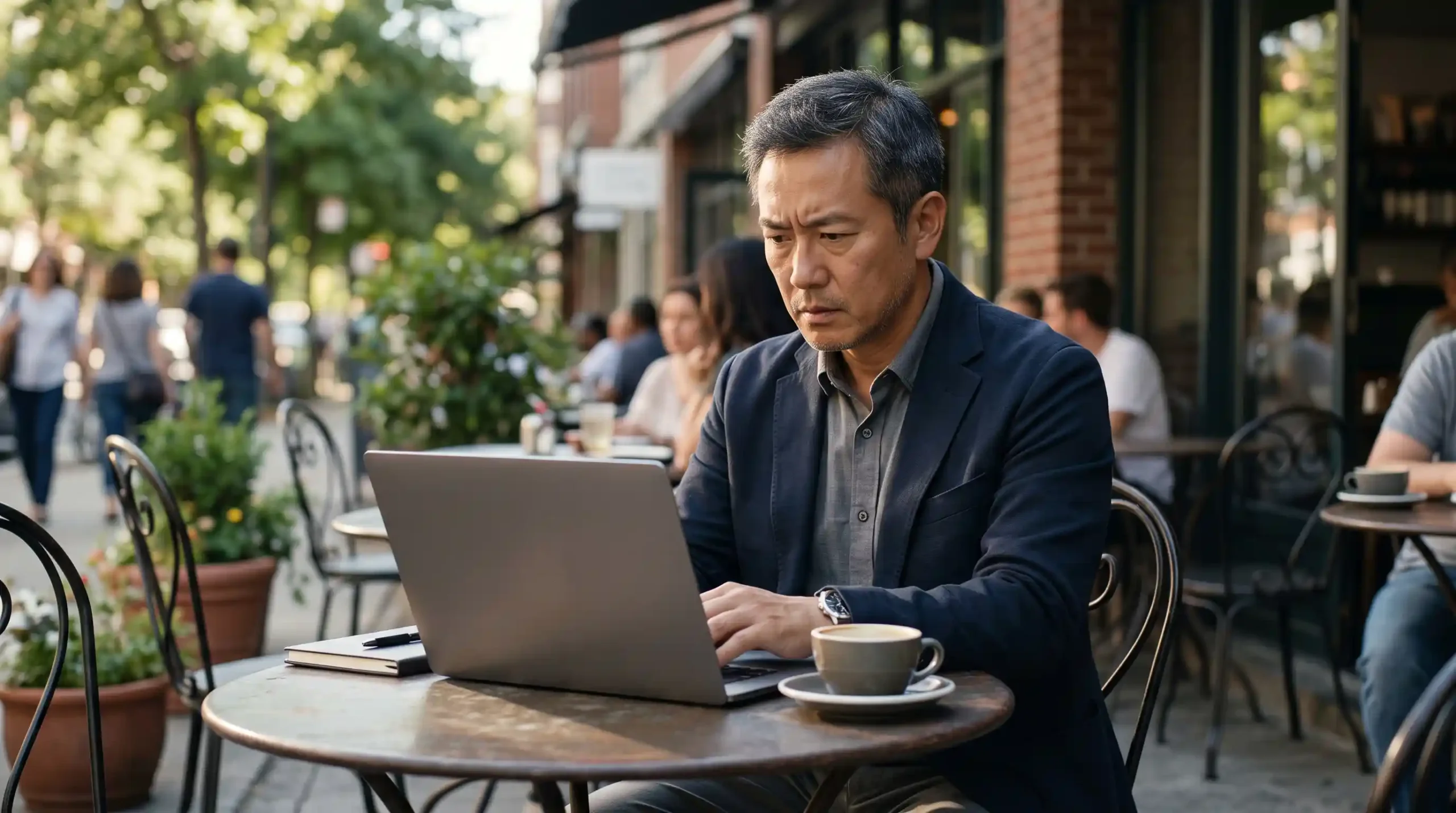 A imagem mostra um homem de meia-idade, com expressão séria, sentado à mesa de um café, ao ar livre, consultando um laptop. Ilustra o texto sobre meu benefício foi negado posso tentar novamente.