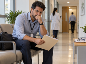 Trabalhador sentado em uma sala de espera médica, segurando documentos e demonstrando preocupação após ter o benefício negado pelo INSS.