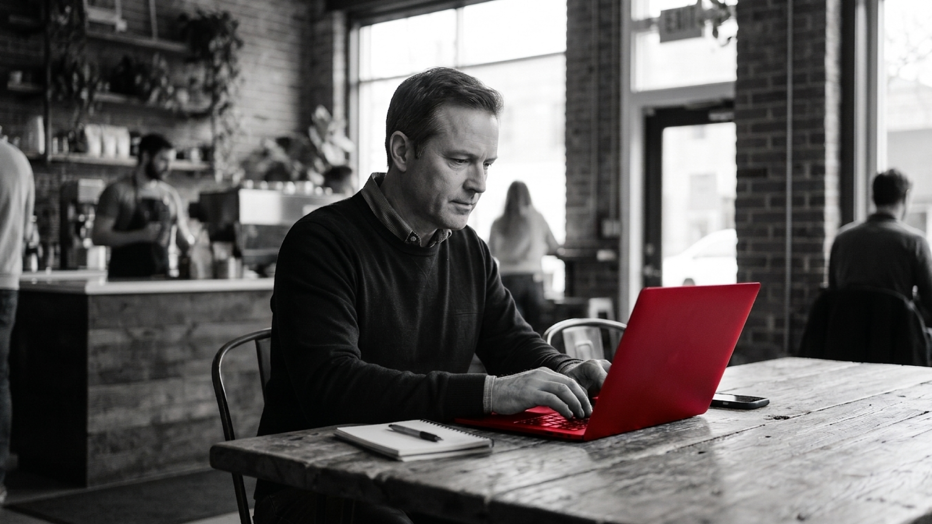 A imagem mostra um homem de meia-idade em um café, sentado à mesa e consultando um laptop.