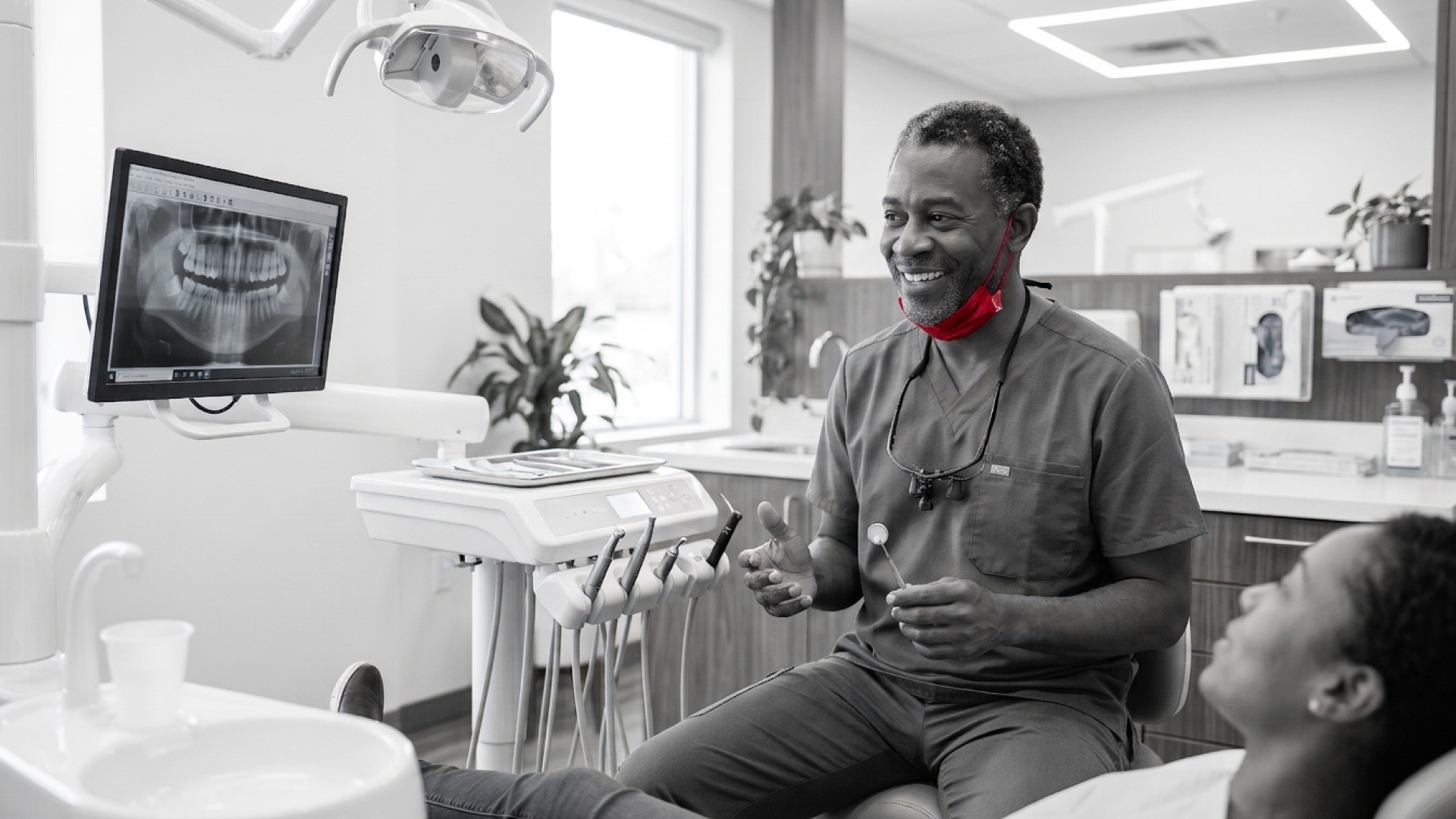 A imagem mostra um dentista de meia-idade sorrindo, enquanto mostra um raio-x para uma paciente.