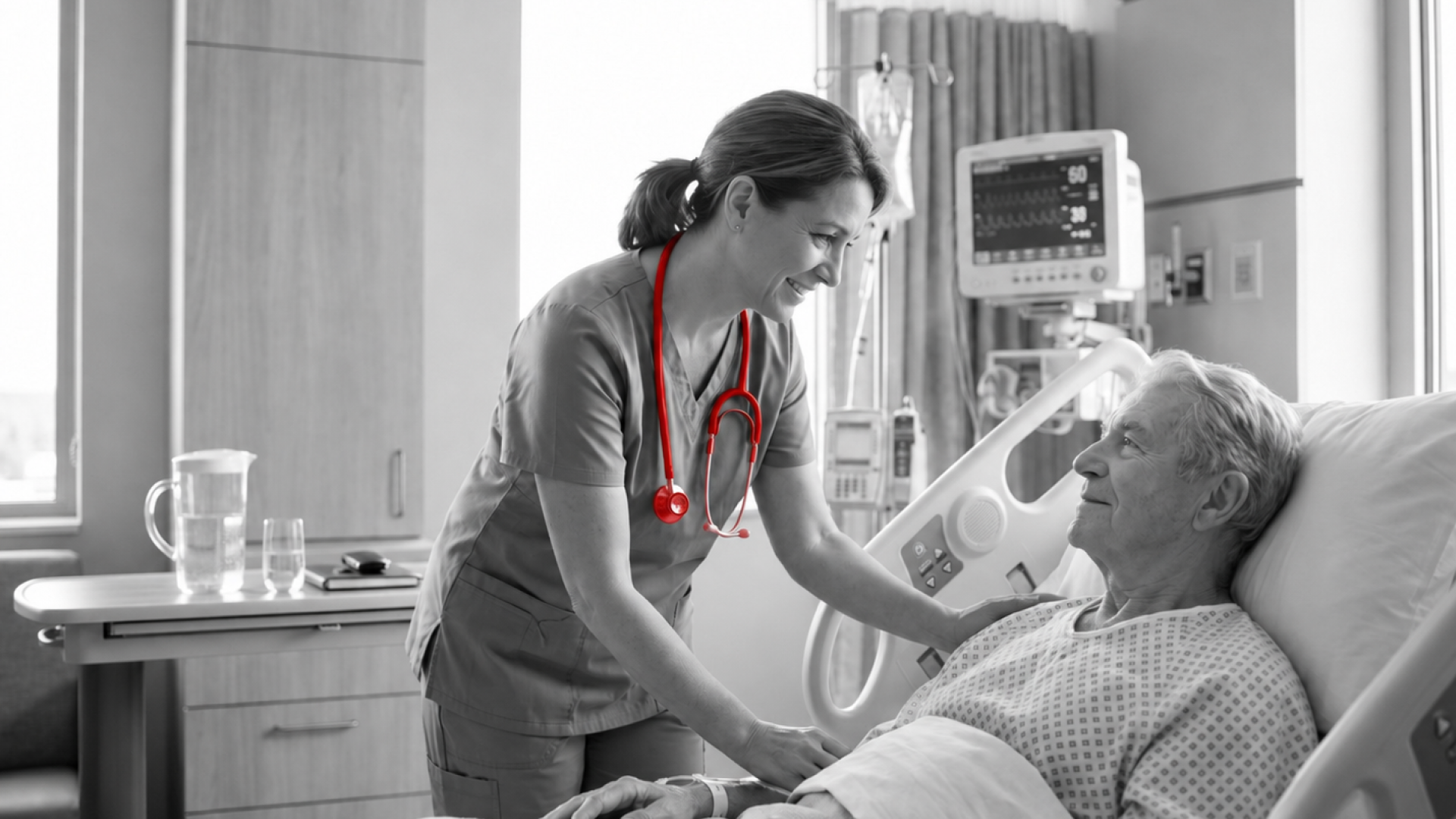 A imagem mostra uma enfermeira trabalhando, dando assistência para um idoso acamado em um hospital.