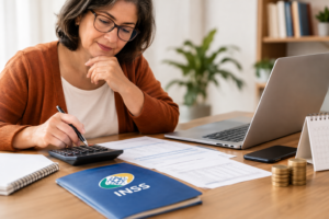 Mulher analisando documentos do INSS com calculadora, notebook e moedas sobre a mesa para conferir o valor dos atrasados da aposentadoria.